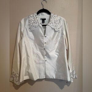 Carole Little Formal Romantic Silk Beaded White Lace Trim Vintage Upscale Blouse